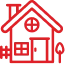 Red outline icon of a house with a lounge chair and a round clock inside, suggesting a living or relaxation area indoors.