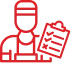 Red outline icon of a person holding a stack of coins, representing financial transactions or money management.