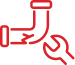 Red outline icon of a bent pipe with a wrench positioned below it, representing plumbing or pipe repair services.