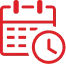 Red calendar icon with a clock in front, indicating a date and time concept on a transparent background.