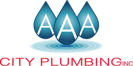 Logo with three blue water droplets labeled "AAA" above rippling water, and red text below reading "CITY PLUMBING INC.