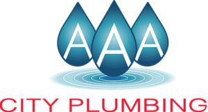 Logo showing three blue water droplets with the letters "AAA" above concentric ripples, and the words "City Plumbing" in red below.