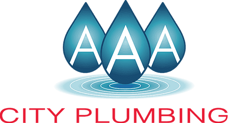 Logo showing three blue water droplets with the letters "AAA" above concentric ripples, and the words "City Plumbing" in red below.