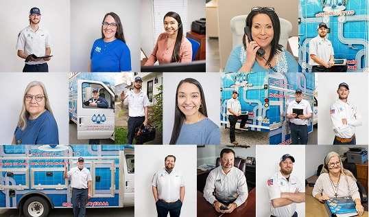 A collage of sixteen people, including office staff and uniformed field workers, some posing indoors and others beside blue service trucks featuring a plumbing company logo.