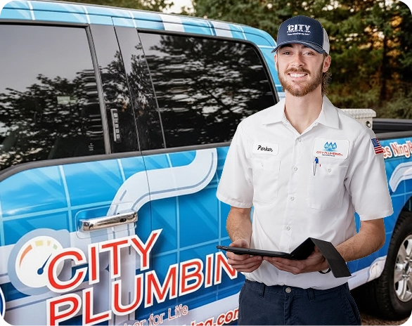 A plumber in uniform holding a tablet stands next to a City Plumbing company truck with branded graphics.