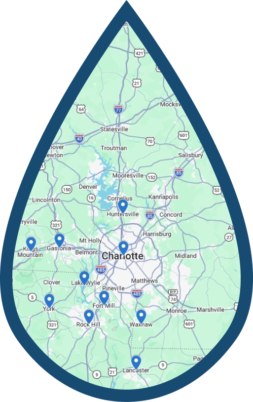 Map of the Charlotte, North Carolina area, shaped like a water droplet, with blue location markers in and around the city and neighboring towns.