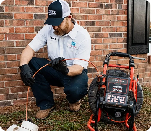 A plumber wearing gloves uses a drain inspection camera outside a brick building, feeding the cable into a pipe access point on the ground.